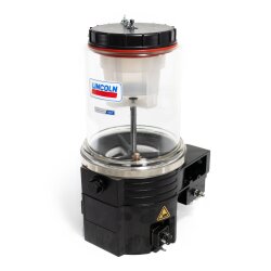 Lincoln Progressivpumpe P31131431110 - P311-SSV 6-V- 24DC-2YL-2A1.1 - Öl - 1 cm³/min - 24 V DC - 2 Liter Behälter - Mit Schmierstoffverteiler SSV 6, rückseitig montiert