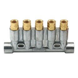 Delimon Kolbenverteiler 345 - für Öl und Fliessfett - 5 Auslässe - M8x1 Gewinde - 0.03 / 0.03 / 0.03 / 0.03 / 0.06 ccm pro Hub