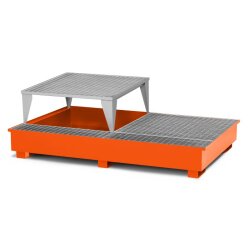 Auffangwanne Typ ATR-21 - für 2x 1.000 Liter IBC - mit Abfüllbereich - 1x Abfüllbock - RAL 2004 Reinorange