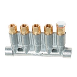 Delimon Kolbenverteiler 345 - für Öl und Fliessfett - 4 Auslässe - M8x1 Gewinde - 0.10 / 0.10 / 0.10 / 0.10 / 0.00 ccm pro Hub