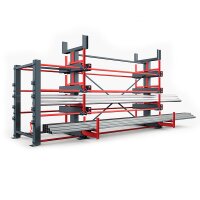 Roll-Aus-Regal - doppelseitig - 4 Etagen - mit Dachablage - 2.600 kg Traglast pro Arm - RAL 2004 - Reinorange