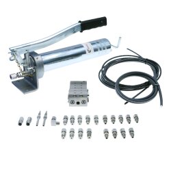 Manuelle Schmierung Komplettsystem für 9 Schmierstellen - FHX Handpumpe - MX-F-5/9 Verteiler - Komponenten - Gewinde M6x1 gerade