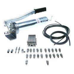 Manuelle Schmierung Komplettsystem für 11 Schmierstellen - FHX Handpumpe - MX-F 6/11 Verteiler - Komponenten - Gewinde M10x1 gerade