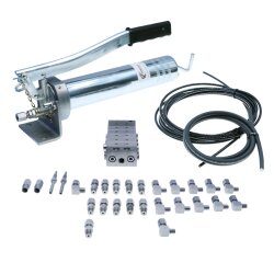 Manuelle Schmierung Komplettsystem für 11 Schmierstellen - FHX Handpumpe - MX-F 6/11 Verteiler - Komponenten - Gewinde M8x1 gewinkelt