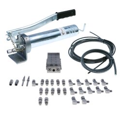 Manuelle Schmierung Komplettsystem für 12 Schmierstellen - FHX Handpumpe - MX-F 6/12 Verteiler - Komponenten - Gewinde M8x1 gewinkelt