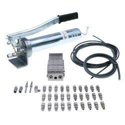 Manuelle Schmierung Komplettsystem für 15 Schmierstellen - FHX Handpumpe - MX-F 8/15 Verteiler - Komponenten - Gewinde M10x1 gerade