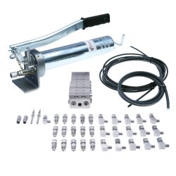 Manuelle Schmierung Komplettsystem für 15 Schmierstellen - FHX Handpumpe - MX-F 8/15 Verteiler - Komponenten - Gewinde M10x1 gewinkelt