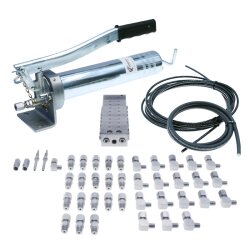 Manuelle Schmierung Komplettsystem für 18 Schmierstellen - FHX Handpumpe - MX-F 9/18 Verteiler - Komponenten - Gewinde M10x1 gewinkelt