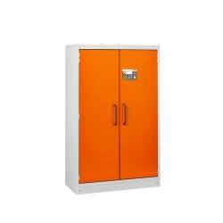 CEMO Fassschrank PROline 6/20 Typ 90, Doppelflügeltür - Farbe Tür: Orange - Für 60 Liter Gebinde und Fässer - 66 Liter Auffangwanne