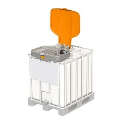 CEMO IBC Einfülltrichter mit Klappeckel - hochbeständiges PE - integrierte Abtropffläche - mit Edelstahl-Kegelsieb