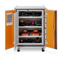 CEMO Akku-Lagerschrank Premium 8/10 - 230 Volt - 4 Lagerebenen - Auf Rollen - Mit Stromlos-Schaltung - Ohne Fernalarmierung - Ohne Display