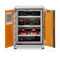 CEMO Akku-Lagerschrank Premium Plus 8/10 - 230 Volt - 4 Lagerebenen - Mit Stapelfüßen - Mit Stromlos-Schaltung - Mit Fernalarmierung - Mit Display