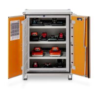 CEMO Akku-Lagerschrank Premium Plus 8/10 - 400 Volt - 4 Lagerebenen - Mit Stapelfüßen - Mit Stromlos-Schaltung - Mit Fernalarmierung - Mit Display