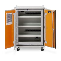 CEMO Akku-Lagerschrank Premium Plus 8/10 - 230 Volt - 4 Lagerebenen - Auf Rollen - Mit Stromlos-Schaltung - Mit Fernalarmierung - Mit Display