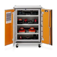 CEMO Akku-Lagerschrank Premium Plus 8/10 - 230 Volt - 4 Lagerebenen - Auf Rollen - Mit Stromlos-Schaltung - Mit Fernalarmierung - Mit Display