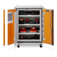 CEMO Akku-Lagerschrank Premium Plus 8/10 - 400 Volt - 4 Lagerebenen - Auf Rollen - Mit Stromlos-Schaltung - Mit Fernalarmierung - Mit Display
