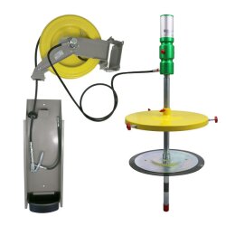 Druckluftschmiergerät - Wandmontage - 50-60 kg Eimer - Schlauchaufroller 10 m - 480 bar Ausgangsdruck - Fettfolgekolben - 400 mm