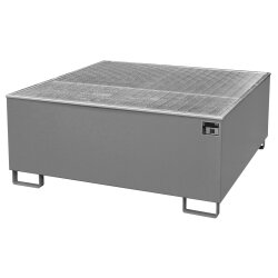 Bauer Auffangwanne mit PE-Einlage für 1 x IBC-Container - 148 x 148 cm - mit Stützfüßen - mit Gitterrost - lackiert - RAL 7005 Mausgrau