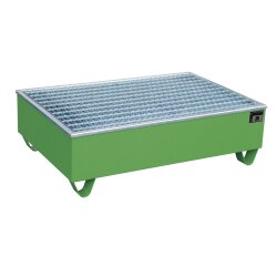 Bauer Auffangwanne mit PE-Einlage für 2 x 200 Liter Fässer - 121 x 81 cm - mit Stützfüßen - mit Gitterrost - lackiert - RAL 6011 Resedagrün