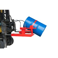Bauer Fasskipper für 200 Liter Fässer - Kippvorgang mit Hubzylinder - Aufnahmen für Gabelstapler - Stahl lackiert - RAL 3000 Feuerrot