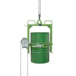 Bauer Fasskipper für 200 Liter Fässer - Kippvorgang mit Endloskette - Aufnahmen für Gabelstapler - Stahl lackiert - RAL 6011 Resedagrün
