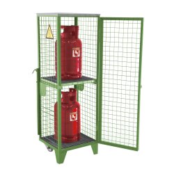 Bauer Gasflaschen-Depot für 2 Flaschen - 575 x 500 x 1580 mm - 1 x Tür - 2 schwenkbare Rohrgriffe und 2 Räder - lackiert - RAL 6011 Resedagrün