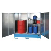 Bauer Gefahrstoff Schrank mit Auffangwanne f&uuml;r 2 x 200 Liter Fass - allseitig geschlossen - Stahl lackiert - RAL 2000 Gelborange