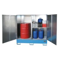 Bauer Gefahrstoff Schrank mit Auffangwanne für 2 x 200 Liter Fass - allseitig geschlossen - Stahl lackiert - RAL 3000 Feuerrot