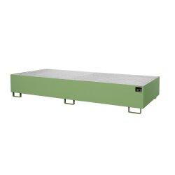 Bauer Regalwanne 3250 x 1300 x 380 mm - 1000 Liter Volumen - mit Gitterrost - 100 mm Unterfahrhöhe - Stahl - lackiert - RAL 6011 Resedagrün