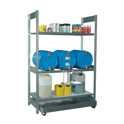 Fassregal mit Bodenwanne für 3 x 60 Liter Fässer und 2 Gitterrost