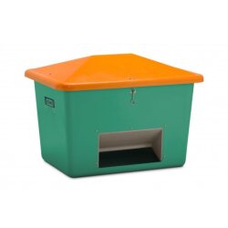 10840 - CEMO 700l GFK-Streugutbehälter - mit Entnahmeöffnung - grün/orange