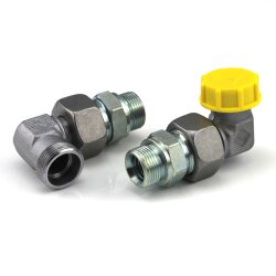 Befüllanschluss 90° - M22x1,5 AG auf M26x1,5 IG - 112 mm - Stahl - für Befüllzylinder ohne Stutzen