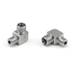 Winkel Einschraubstutzen 90° - M8x1 (D) - M6x1 keg (G) - für Rohr Ø 4 mm - Stahl - Bauform: LL