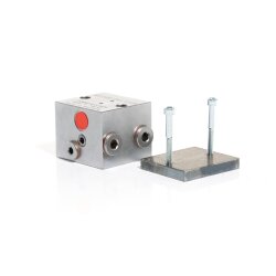 Delimon Zweileitungsverteiler ZVB02A052020 - 2 Auslässe - Stahl - Dosierung: 0,5 cm³ - Anschweißplatte nach SMS Standard - Mit Dosierschraube 1/1