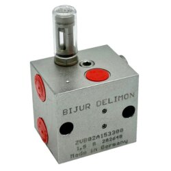 Delimon Zweileitungsverteiler ZVB02A053311 - 2 Auslässe - Stahl - Dosierung: 0,5 cm³ - mit Gerader Einschraubverschraubung / Abgangsverschraubung + Dichtung - Mit Verstelleinrichtung mit Bewegungsanzeiger