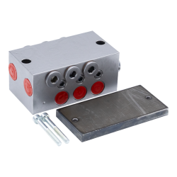 Delimon Zweileitungsverteiler ZVB05A302222 - 5 Auslässe - Stahl - Dosierung: 3,0 cm³ - Anschweißplatte nach SMS Standard - Mit Dosierschraube 1/1