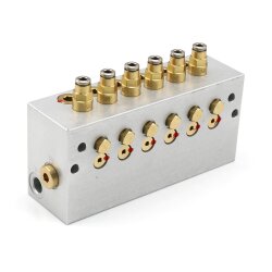 SKF Öl+Luft Mischventil MV206-100-55555500 - für Öl - 6 Auslässe - 1x 0,10 cm³ / 1x 0,10 cm³ / 1x 0,10 cm³ / 1x 0,10 cm³ / 1x 0,10 cm³ / 1x 0,10 cm³ - mit Senkung für lötlose Rohrveschraubung