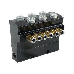 SKF MonoFlex Vorschmierverteiler VR - Für Fließfett und Fett - Auslässe: 6 - 2 x 0,20 cm³ / 2 x 0,40 cm³ / 2 x 1,00 cm³ - Armatur: G 1/4 (links und rechts) - Max. Entlastungsdruck: 70 bar