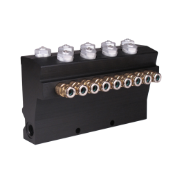 SKF MonoFlex Vorschmierverteiler VR - Für Fließfett und Fett - Auslässe: 12 - 12 x 0,80 cm³ - Armatur: G 1/4 (links und rechts) - Max. Entlastungsdruck: 70 bar