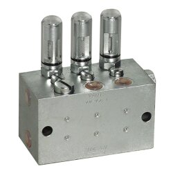 Lincoln Schmierstoffverteiler VSL 3-KR - 0 bis 5,00 cm³ pro Auslass - max. + 80°C - 400 bar - Auslässe: 3 - Einlass: G3/8 - Auslass: G1/4 - Stahl verzinkt - mit Anzeigestift