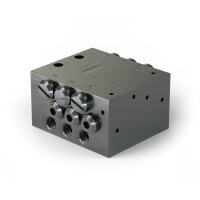 Lincoln Schmierstoffverteiler SSVD 6/5-V1 - max. + 70°C - 350 bar - Einlass: G1/8 - Auslass: M10x1 - aus schwarz-chromatiertem Stahl - mit Bypass-Bohrung