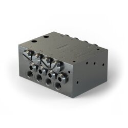 Lincoln Progressivverteiler SSVD 8-K - max. 1,8 cm³ pro Hub/Auslass - 20 bis 350 bar - Auslässe: 8 - Einlass: G1/8 - Auslass: M10x1 - Material schwarz-chromatierter Stahl - mit Anzeigestift