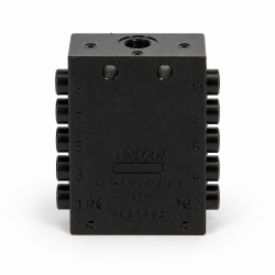 Lincoln Progressivverteiler SSVM 10 - max. 0,07 cm³ pro Hub/Auslass - 200 bar - Auslässe: 10 - Einlass: G1/8 - Auslass: M8x1 - Material schwarz-chromatierter Stahl
