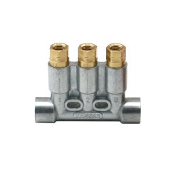 SKF MonoFlex Vorschmierverteiler 343 - Fließfett - 3 Auslässe - 0,10 / 0,10 / 0,10 cm³ - Lötlose Rohrverschraubung - Ohne Armatur, für lötlose Rohrverschraubung - Ø 6 mm