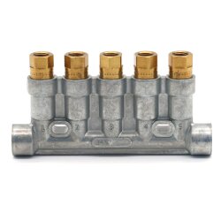 SKF MonoFlex Vorschmierverteiler 345 - Fließfett - 5 Auslässe - 0,10 / 0,10 / 0,10 / 0,10 / 0,10 cm³ - Lötlose Rohrverschraubung - Ohne Armatur, für lötlose Rohrverschraubung - Ø 6 mm