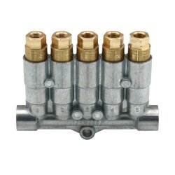 Delimon Kolbenverteiler 355 - für Öl und Fliessfett - 5 Auslässe - M8x1 Gewinde - 0.10 / 0.10 / 0.10 / 0.10 / 0.40 ccm pro Hub