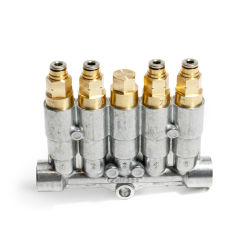 Delimon Kolbenverteiler 355 - für Öl und Fliessfett - 5 Auslässe - Steckverbinder - 0.20 / 0.20 / 0.00 / 0.20 / 0.20 ccm pro Hub