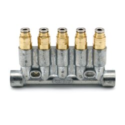 Delimon Kolbenverteiler 355 - für Öl und Fliessfett - 5 Auslässe - Steckverbinder - 0.40 / 0.40 / 0.40 / 0.40 / 0.40 ccm pro Hub